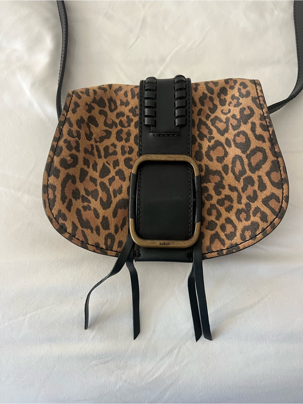 ba&sh Leopard Suede Teddy Saddle Bag with Black Leather Strap and Brass Buckle